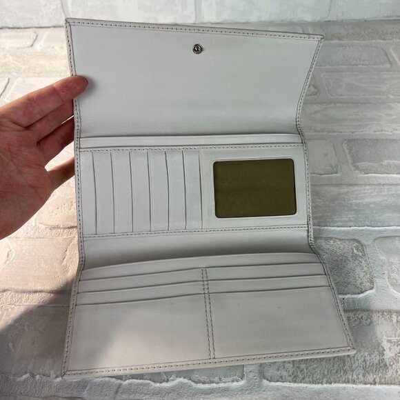 Coach Wallet Beige White Signature C Canvas Leather Tri-Fold Zip Snap Card Slots - Picture 9 of 11